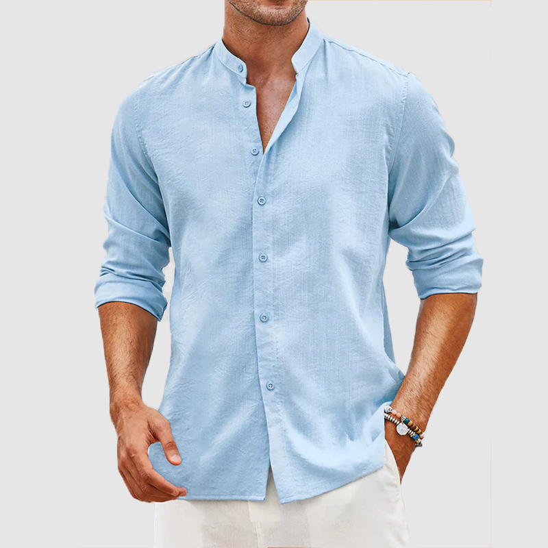 Men's linen cardigan solid color casual standing collar long sleeve shirt-Comfort & Reliable