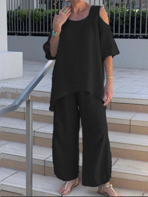 Fashion Round Neck Cotton Linen Short Sleeve Pants Set-Comfort & Reliable