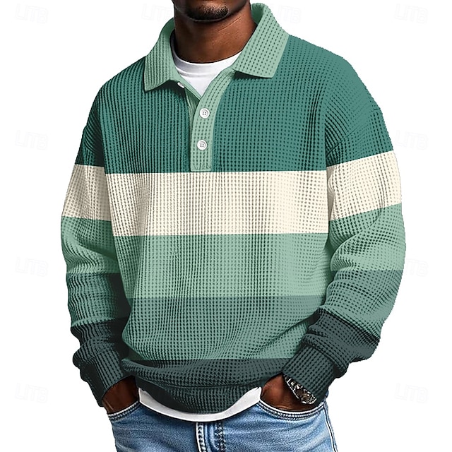 Men's Horizontal Stripes Waffle Polo Shirts Textured Long Sleeve Polo Shirts-Comfort & Reliable