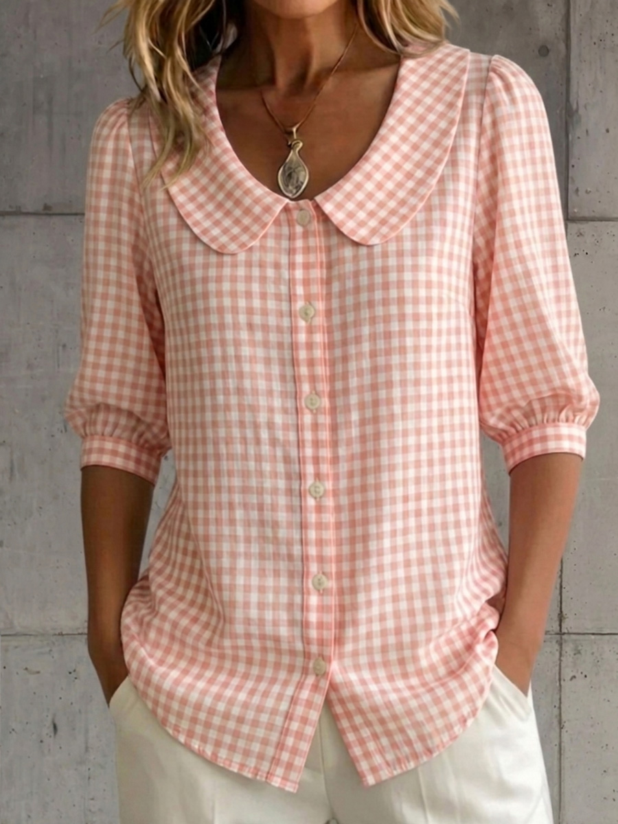 New Arrivals🔥 Women's Retro Peter Pan Collar Checkered Cotton Linen Shirt