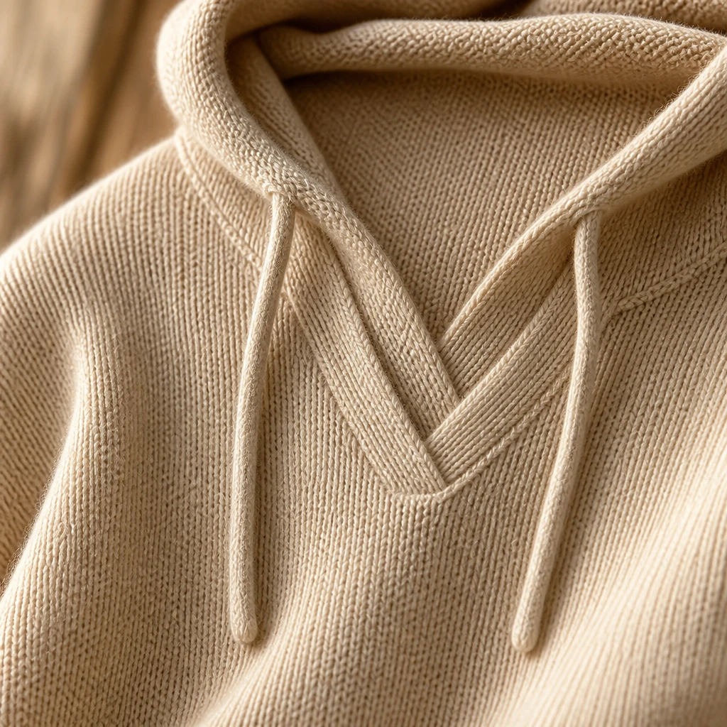 Hood resting loosely at the back of the neck, coffee tones