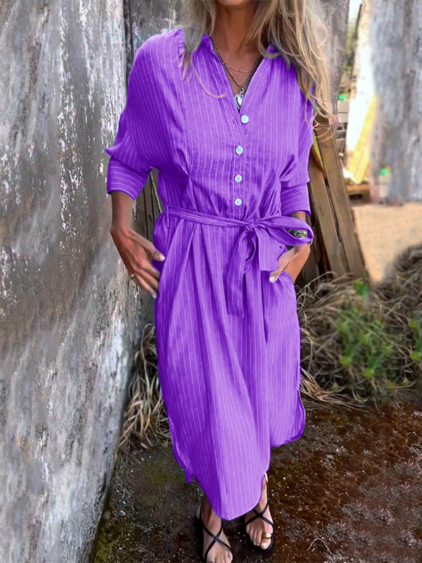 NEW🔥 Striped Lapel Button Down Belt Dress