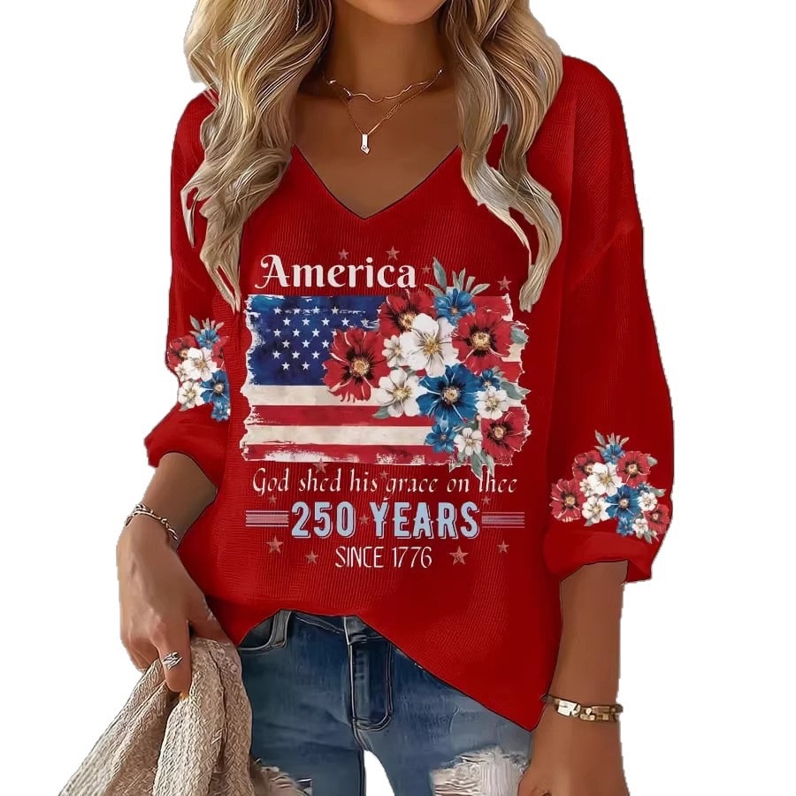 Women's American 250th Anniversary Three-Quarter Sleeve V-Neck Top