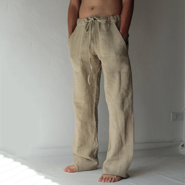 Loose Fit Leisure Trousers Drawstring Elastic Waist Solid Color Linen Straight Pants Long Pants Homewear-Comfort & Reliable