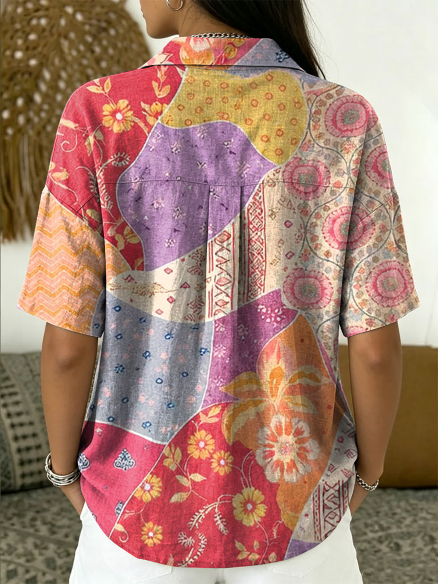 Women's Vintage Botanical Floral Casual Polo Collar Short-sleeved Linen And Cotton Shirt