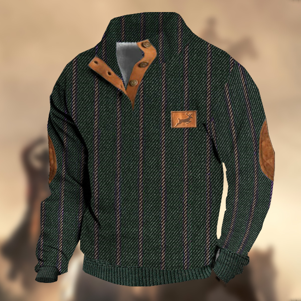 Men's Retro Country Casual Twill Wool Elk Logo Stand Collar Button Sweatshirt-Comfort & Reliable