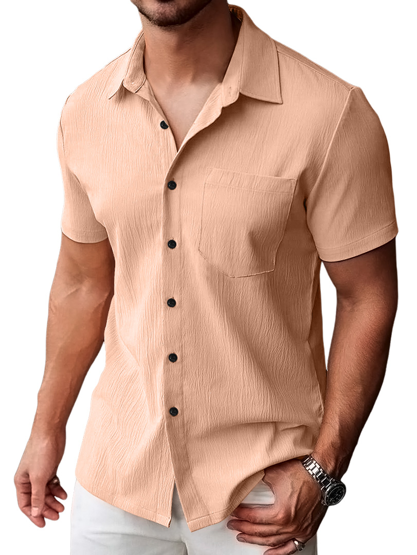 Men's Casual Pleated Solid Pocket Short Sleeve Shirt