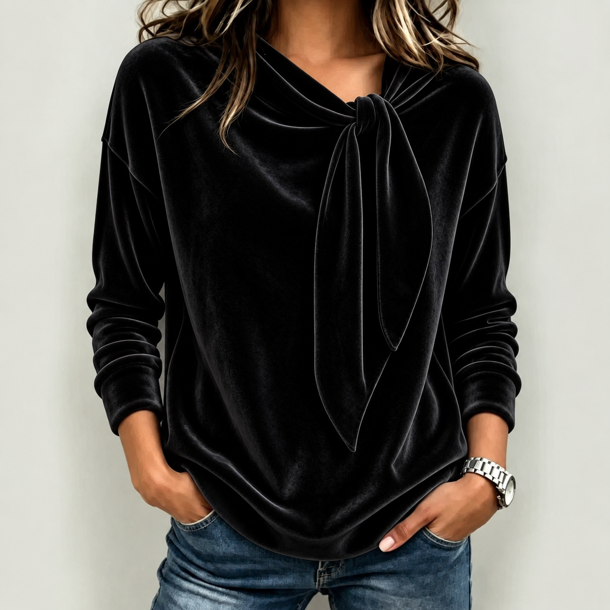 Women’s Elegant Tie-Neck Velvet Long Sleeve Blouse