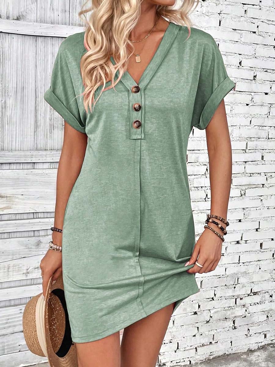 Women's V-neck Short-sleeve Casual Loose Cotton Dress