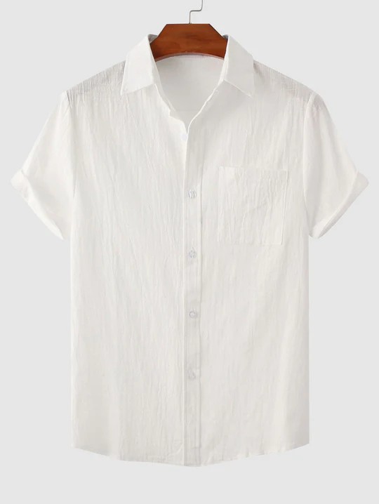 Men's summer linen short sleeve contracted top solid color lapel shirt-Comfort & Reliable