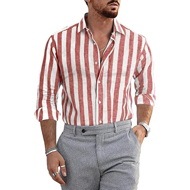 Men Fashion Casual Striped Print Cotton Linen Buckle Turn Down Collar Long Sleeve Shirt-Comfort & Reliable