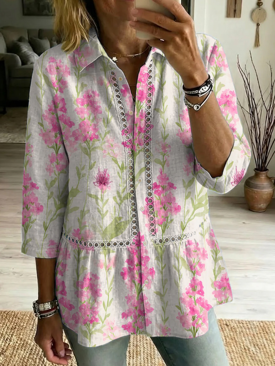 Artistic Floral & Watercolor Print Loose Cotton Top With Cutout Paneling