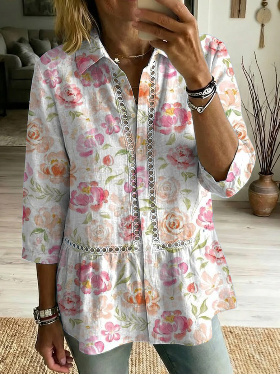 Artistic Floral & Watercolor Print Loose Cotton Top With Cutout Paneling