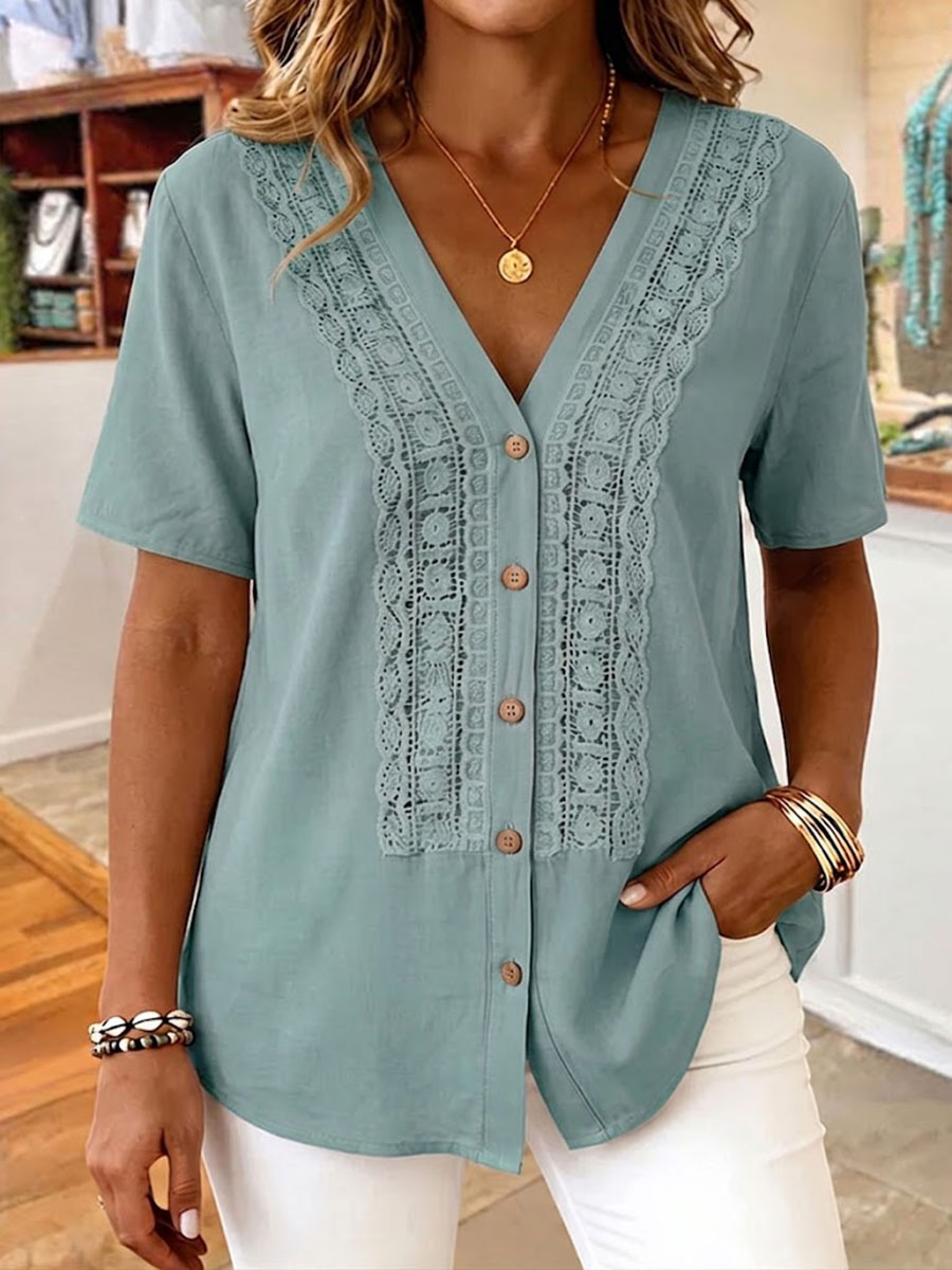 Women's Solid-color V-neck Short-sleeve Casual Loose Cotton-linen Top