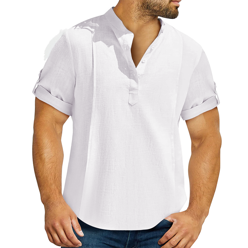 Men's linen cotton Henley shirt casual shirt short sleeve T shirt-Comfort & Reliable
