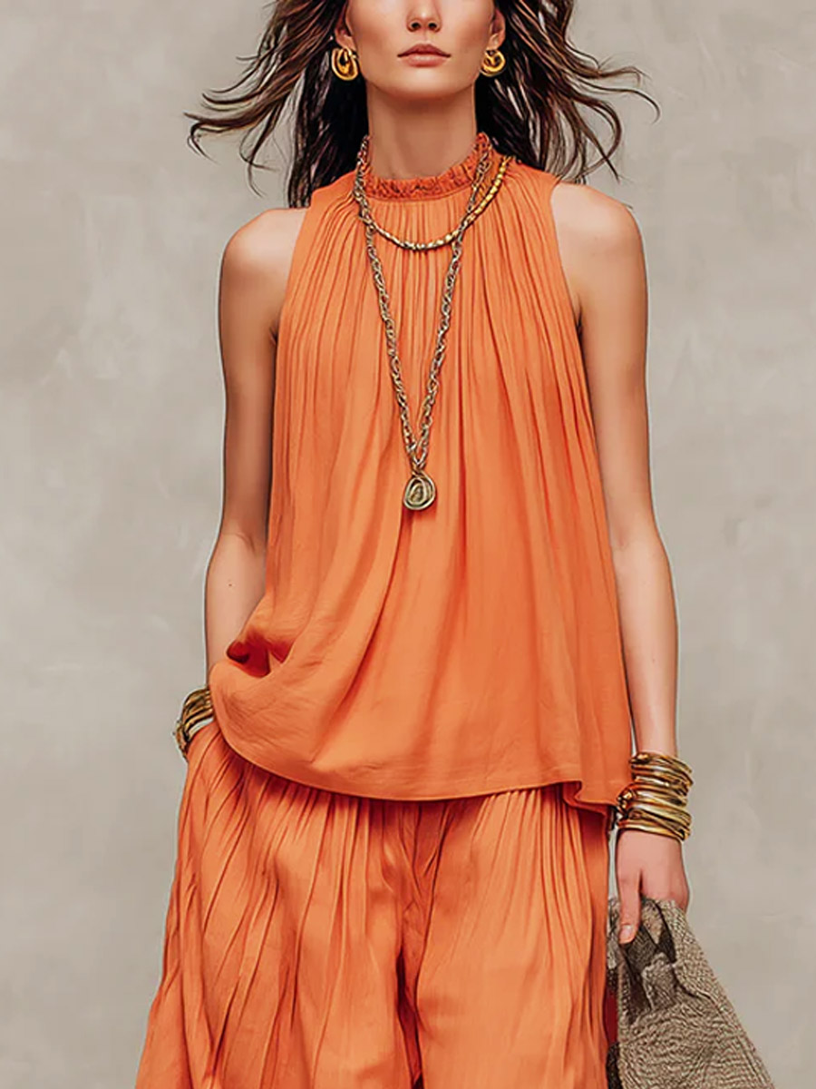 Women's Solid Color Art Stylish Casual Top And Pants Cotton Linen Two-Piece Set