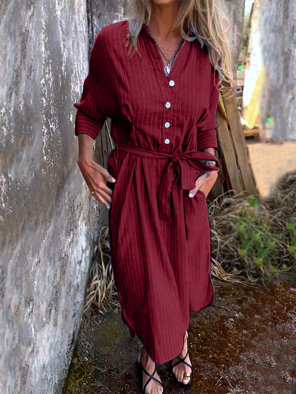 NEW🔥 Striped Lapel Button Down Belt Dress