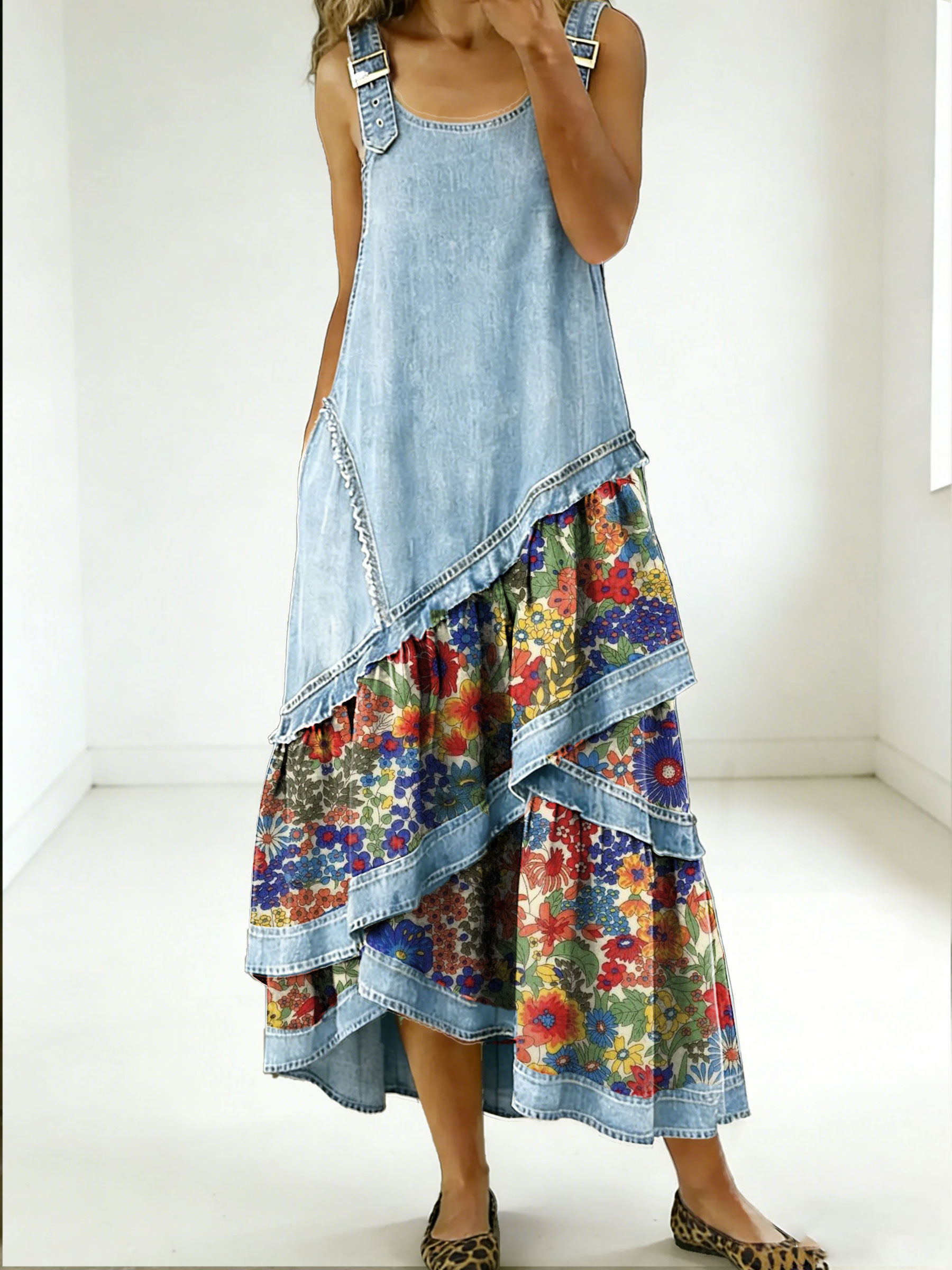 Women's Fashion Floral Denim Design Sleeveless Multi-layered Ruffled Strap Dress
