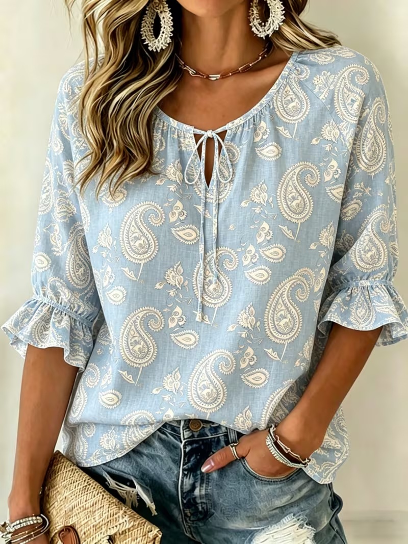 Women's Print Three-quarter Sleeve Ruffle Tie-front Shirt