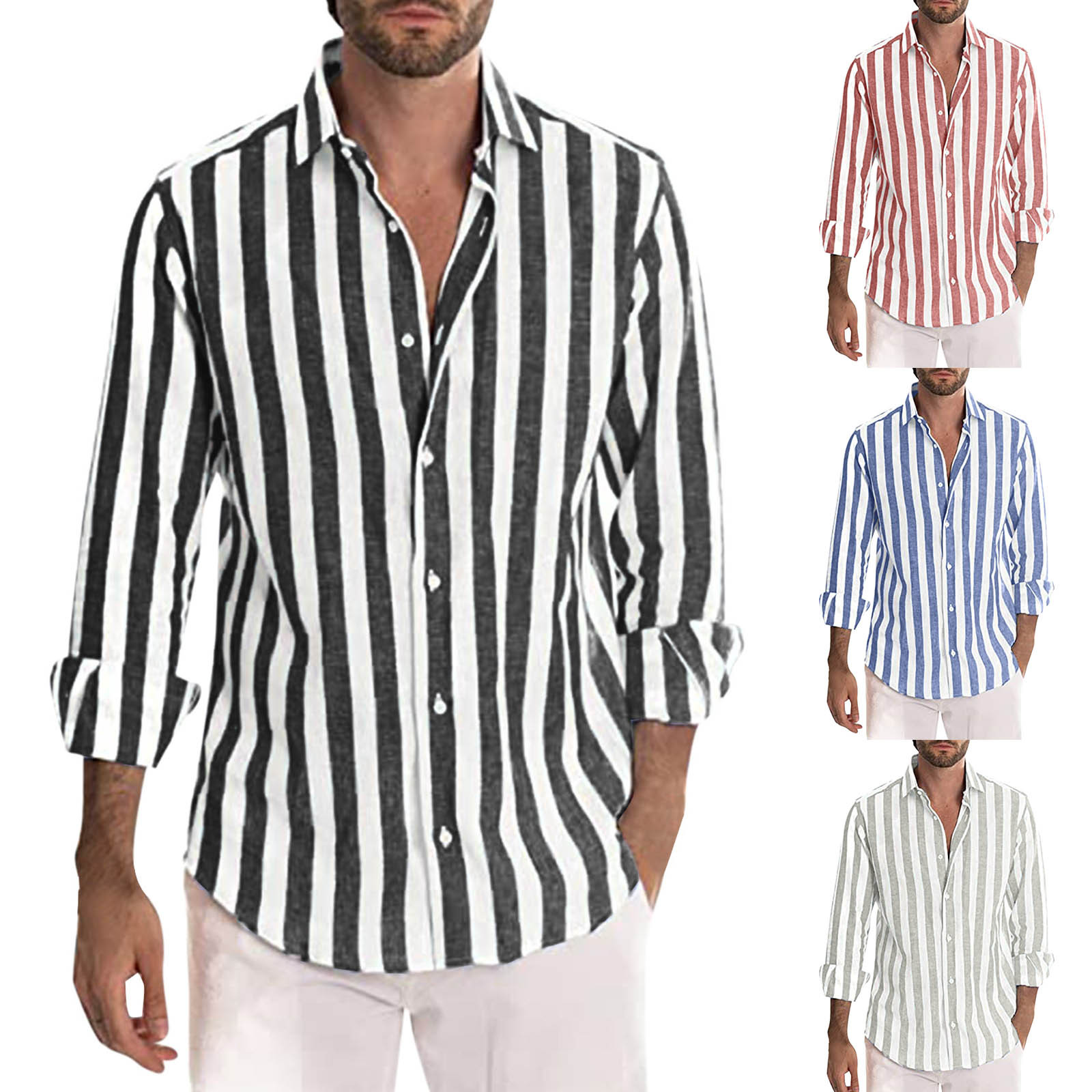 Men Fashion Casual Striped Print Cotton Linen Buckle Turn Down Collar Long Sleeve Shirt-Comfort & Reliable