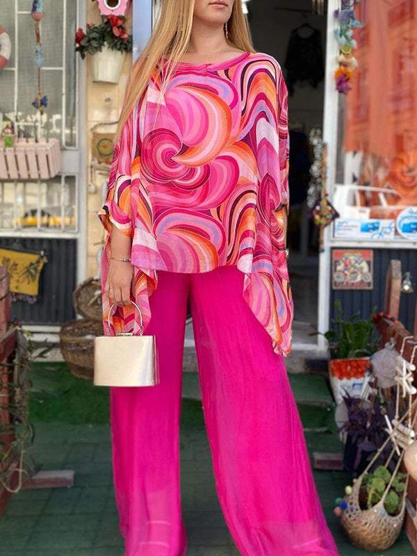 Women Colorful Chiffon Set Summer Casual Crew Neck Printed Two Piece Suit-Comfort & Reliable