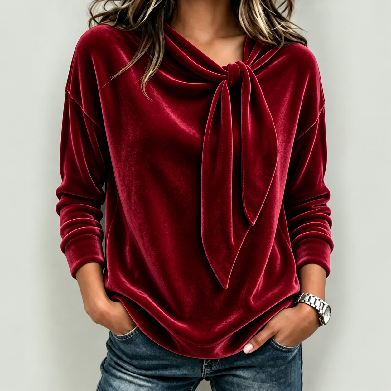 Women’s Elegant Tie-Neck Velvet Long Sleeve Blouse