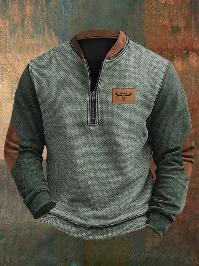 Men's Vintage Western Print Zipper Stand Collar Casual Sweatshirt-Comfort & Reliable