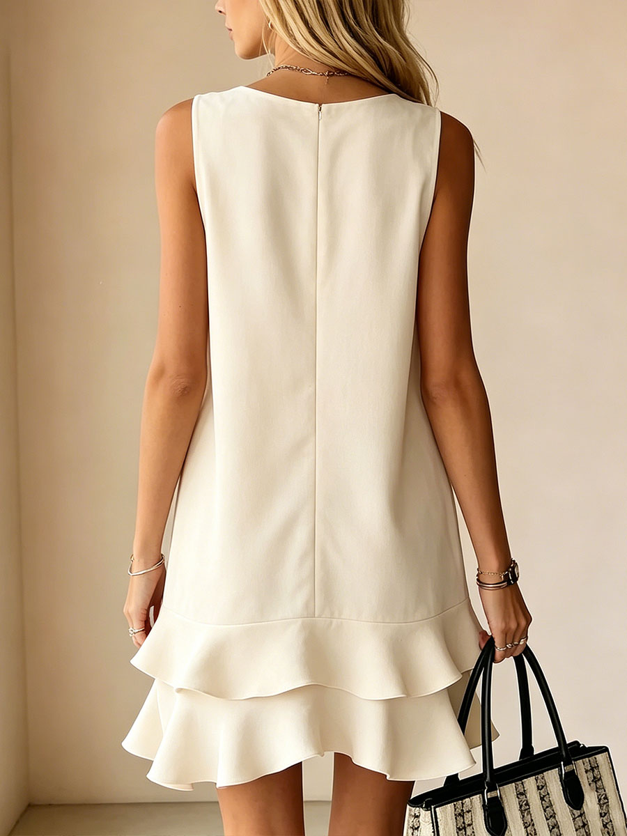 Women's Solid-color V-neck Sleeveless Loose-fit Ruffled Dress