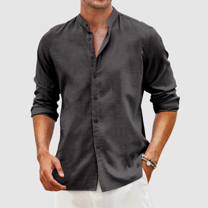 Men's linen cardigan solid color casual standing collar long sleeve shirt-Comfort & Reliable