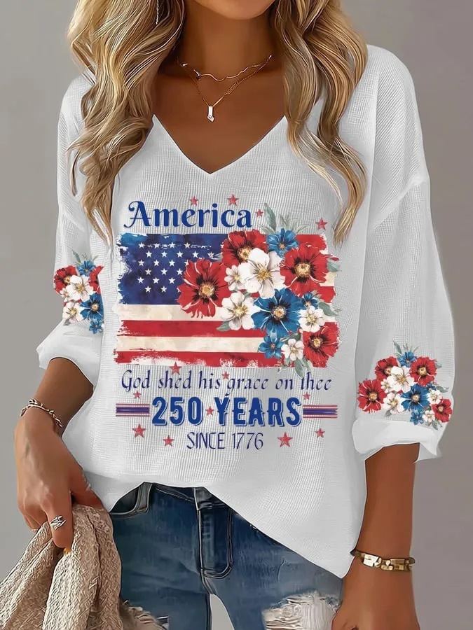 Women's American 250th Anniversary Three-Quarter Sleeve V-Neck Top