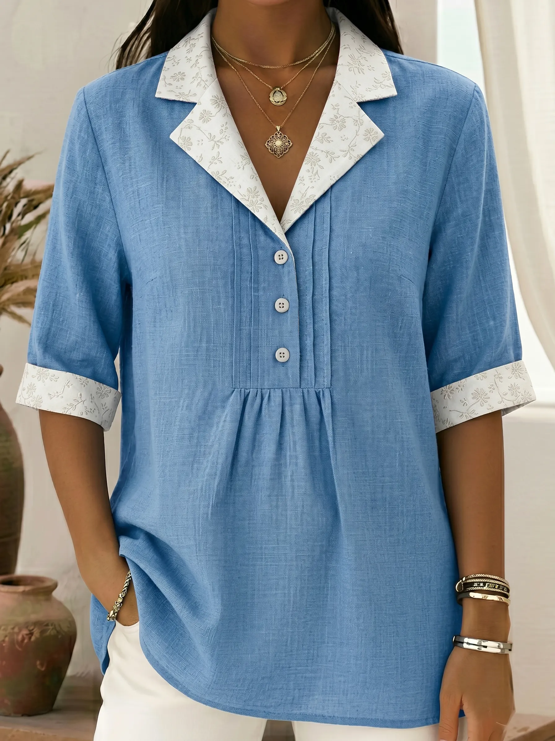 Women's Fashion Casual Button-down Pleats Loose-fitting Shirt