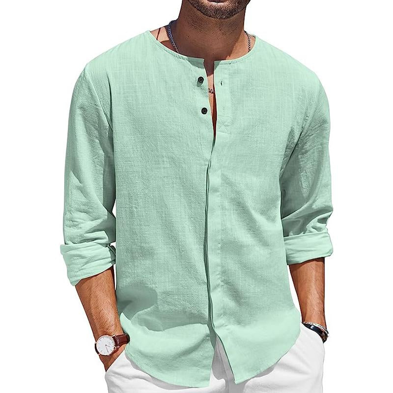 Men's Round Neck Premium Linen Breathable Comfortable Inner Button Long Sleeve Shirt-Comfort & Reliable