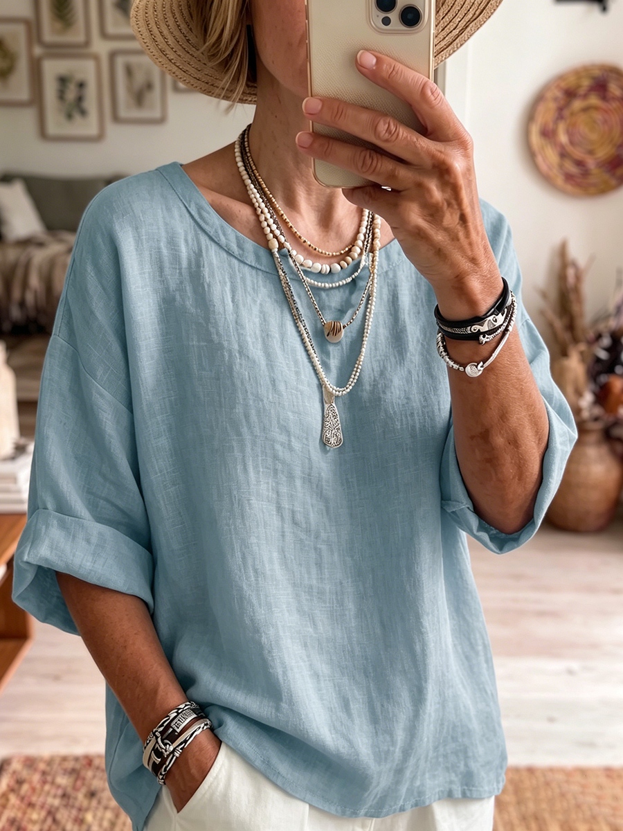 New Arrivals🔥Minimalist Boat-neck Cotton-linen Shirt With Batwing Sleeves