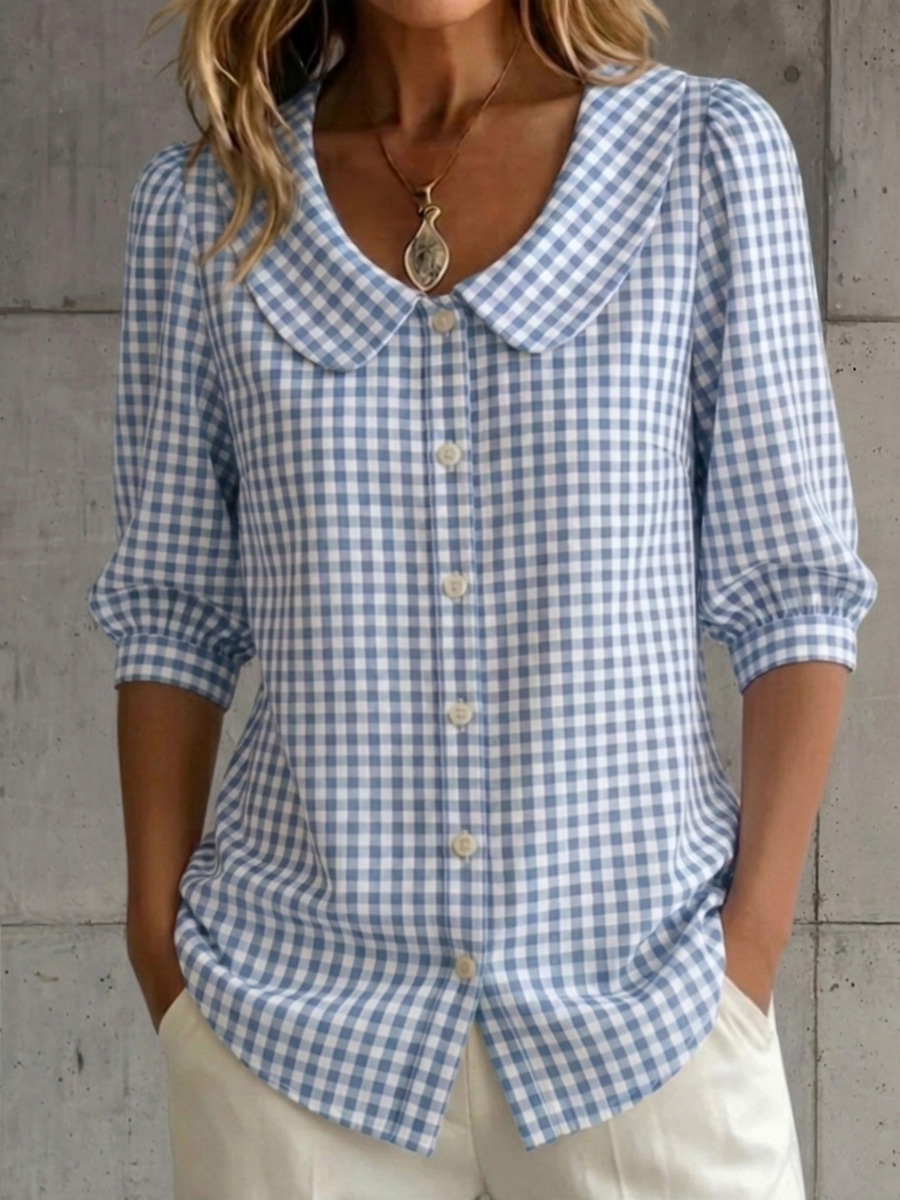 New Arrivals🔥 Women's Retro Peter Pan Collar Checkered Cotton Linen Shirt