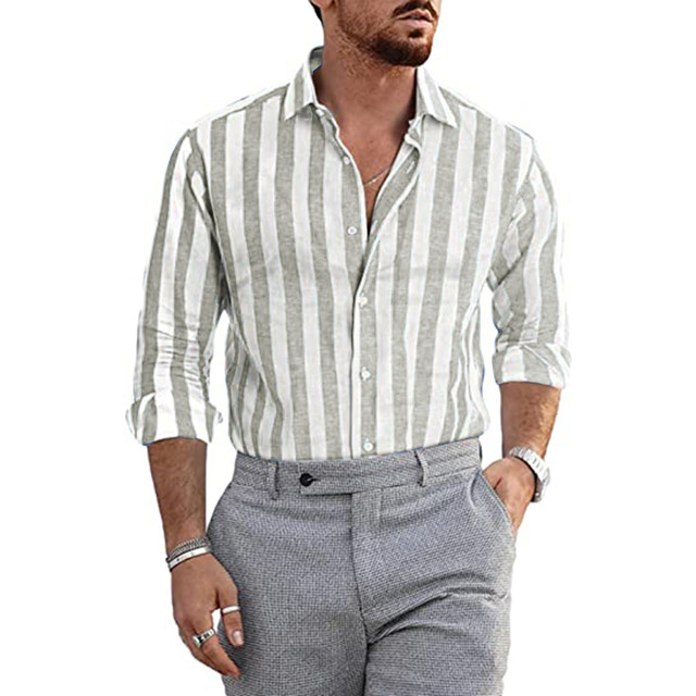 Men Fashion Casual Striped Print Cotton Linen Buckle Turn Down Collar Long Sleeve Shirt-Comfort & Reliable