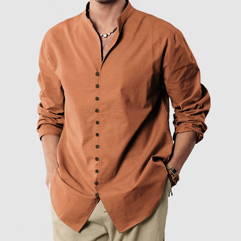 Gentleman's Standing Collar Button Down Cotton Linen Shirt-Comfort & Reliable