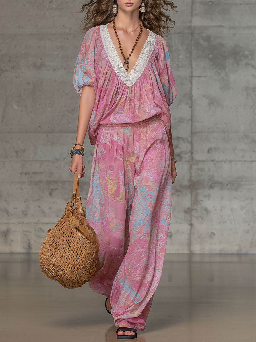 Women's Abstract Print V-neck Short-sleeve Loose-fit Top & Elastic-waist Wide-leg Pants Set