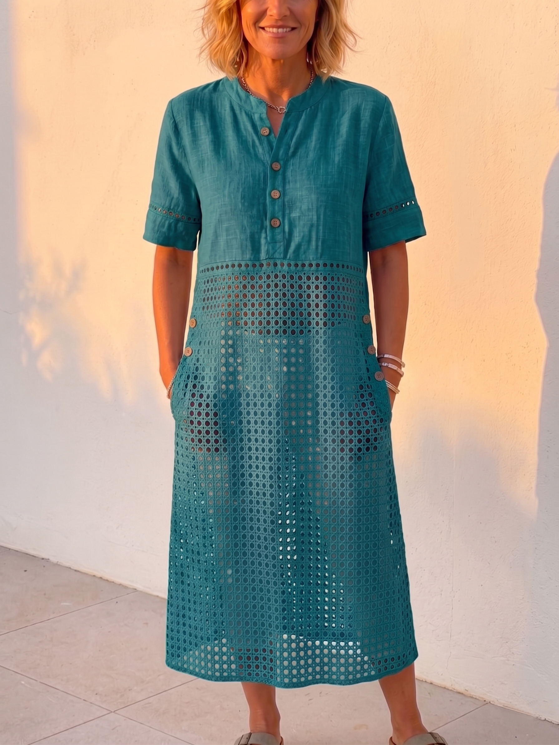 New Arrivals🔥 Vintage Eyelet Lace-Up Linen-Blend Shirt Dress, Loose Midi