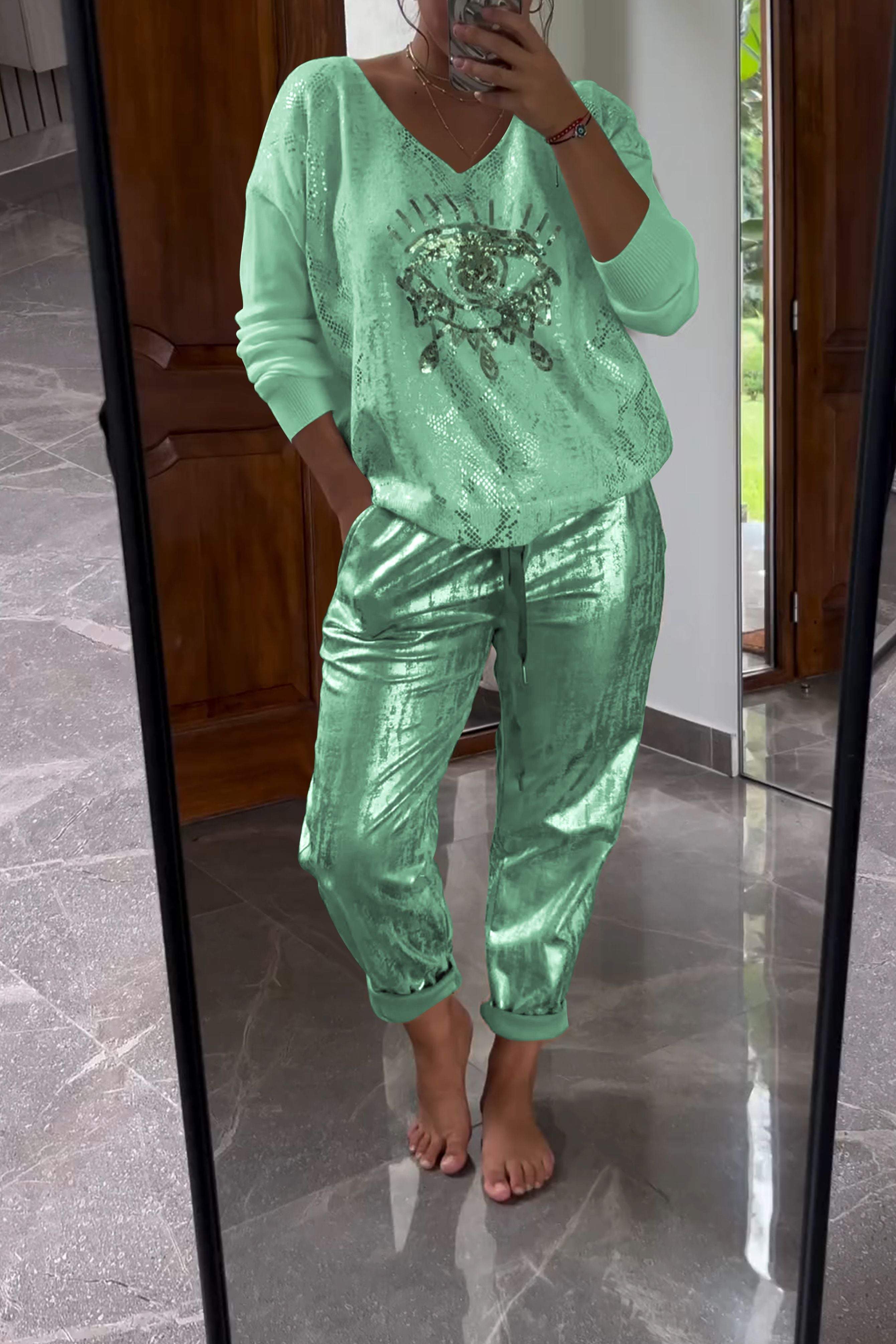 Fashionable Sequin Top And Bronzing Trousers Two-piece Set-Comfort & Reliable