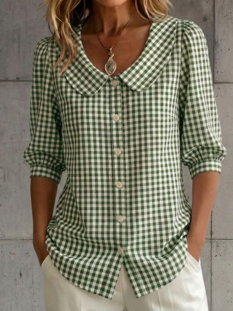 New Arrivals🔥 Women's Retro Peter Pan Collar Checkered Cotton Linen Shirt