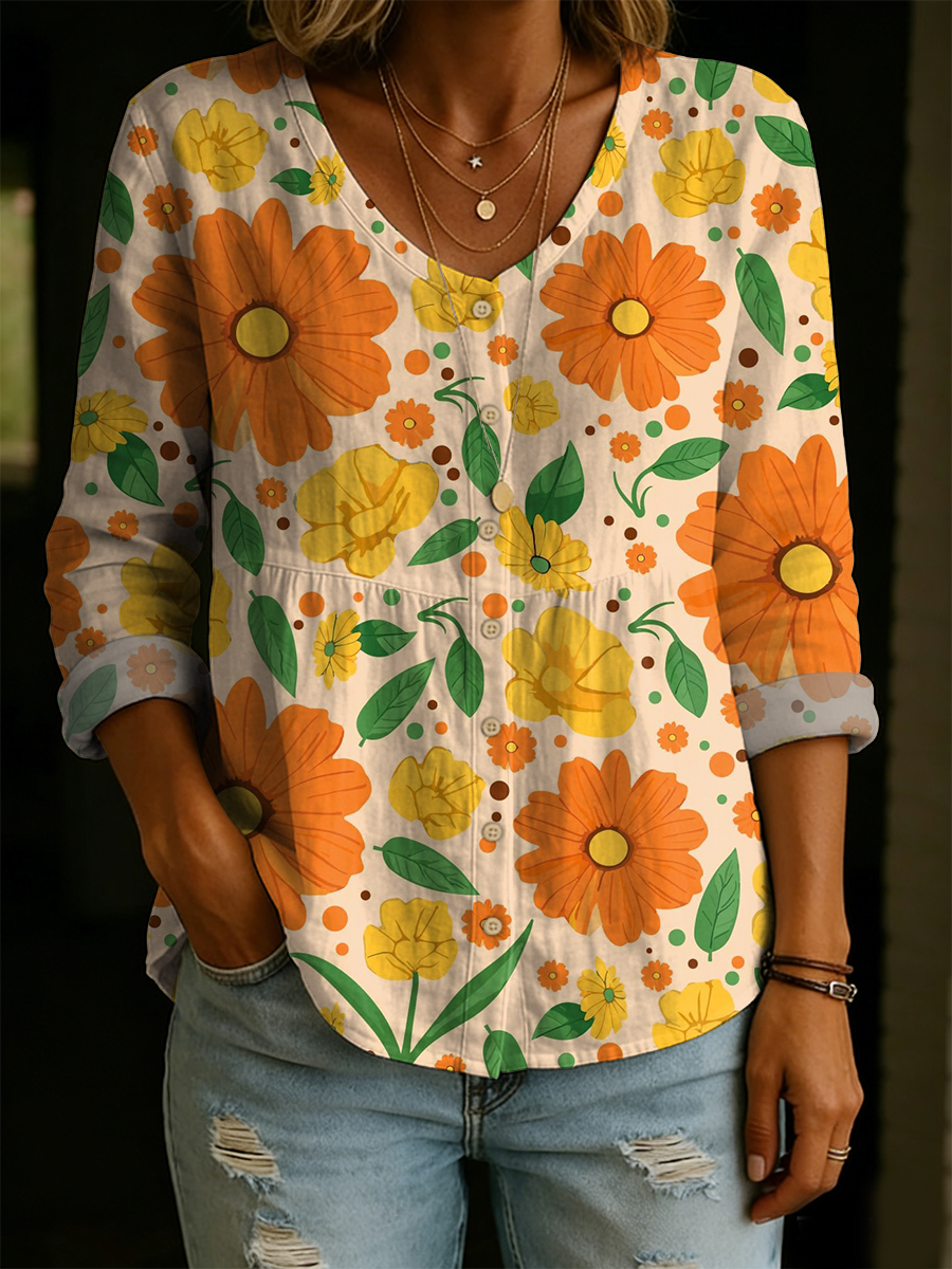 Vintage Daisy Flower Decorative Patterns Women's Long Sleeve V Collar Linen Cotton Shirt