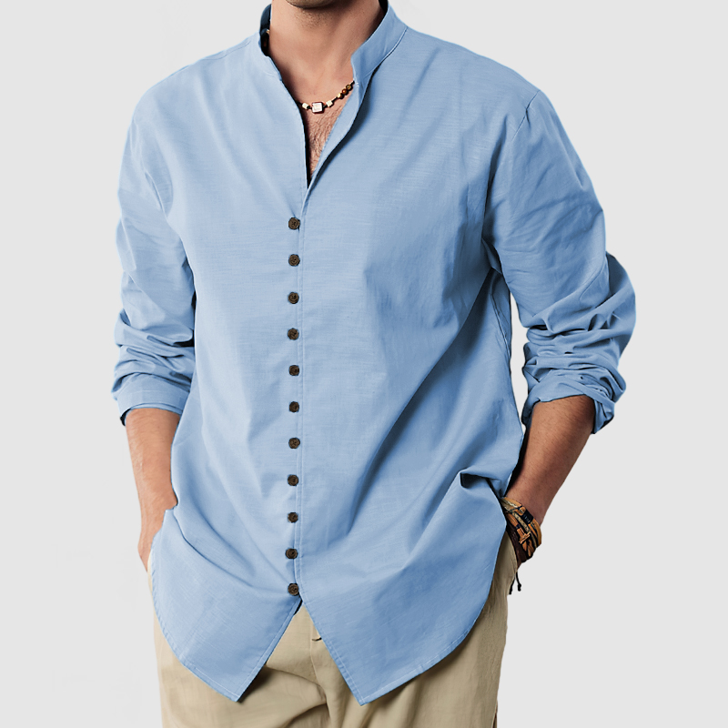Gentleman's Standing Collar Button Down Cotton Linen Shirt-Comfort & Reliable