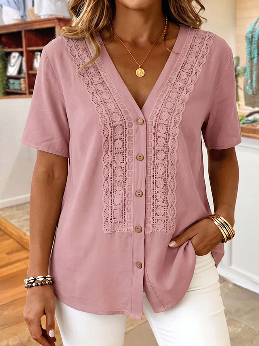Women's Solid-color V-neck Short-sleeve Casual Loose Cotton-linen Top