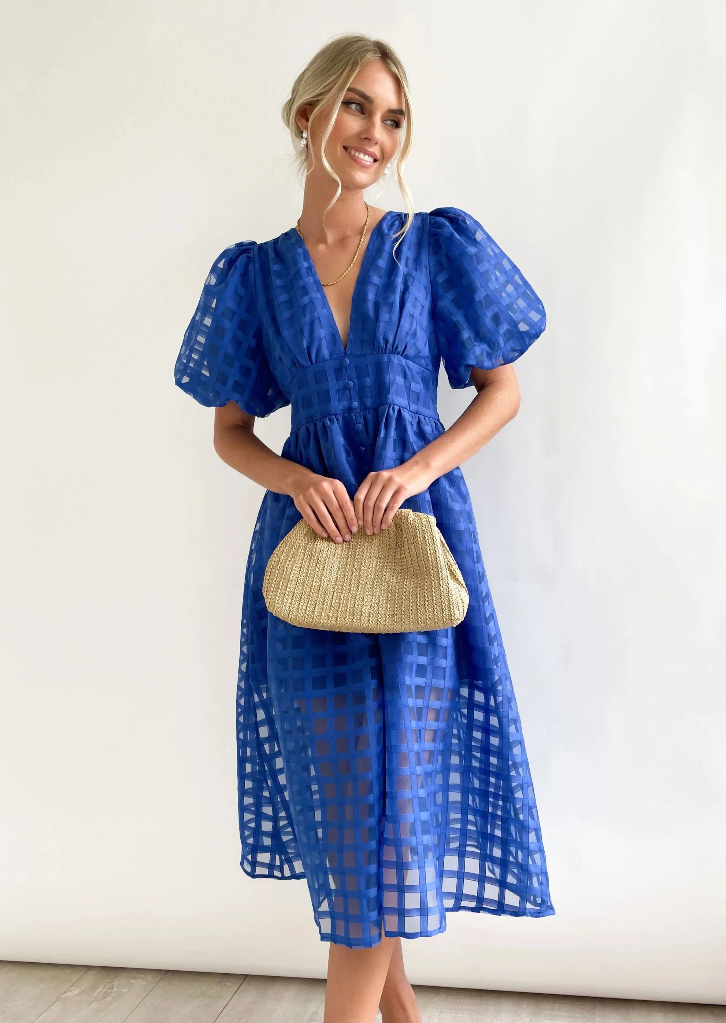 Beauty Square Patterned Fabric Puff Sleeve Midi Dress-Comfort & Reliable