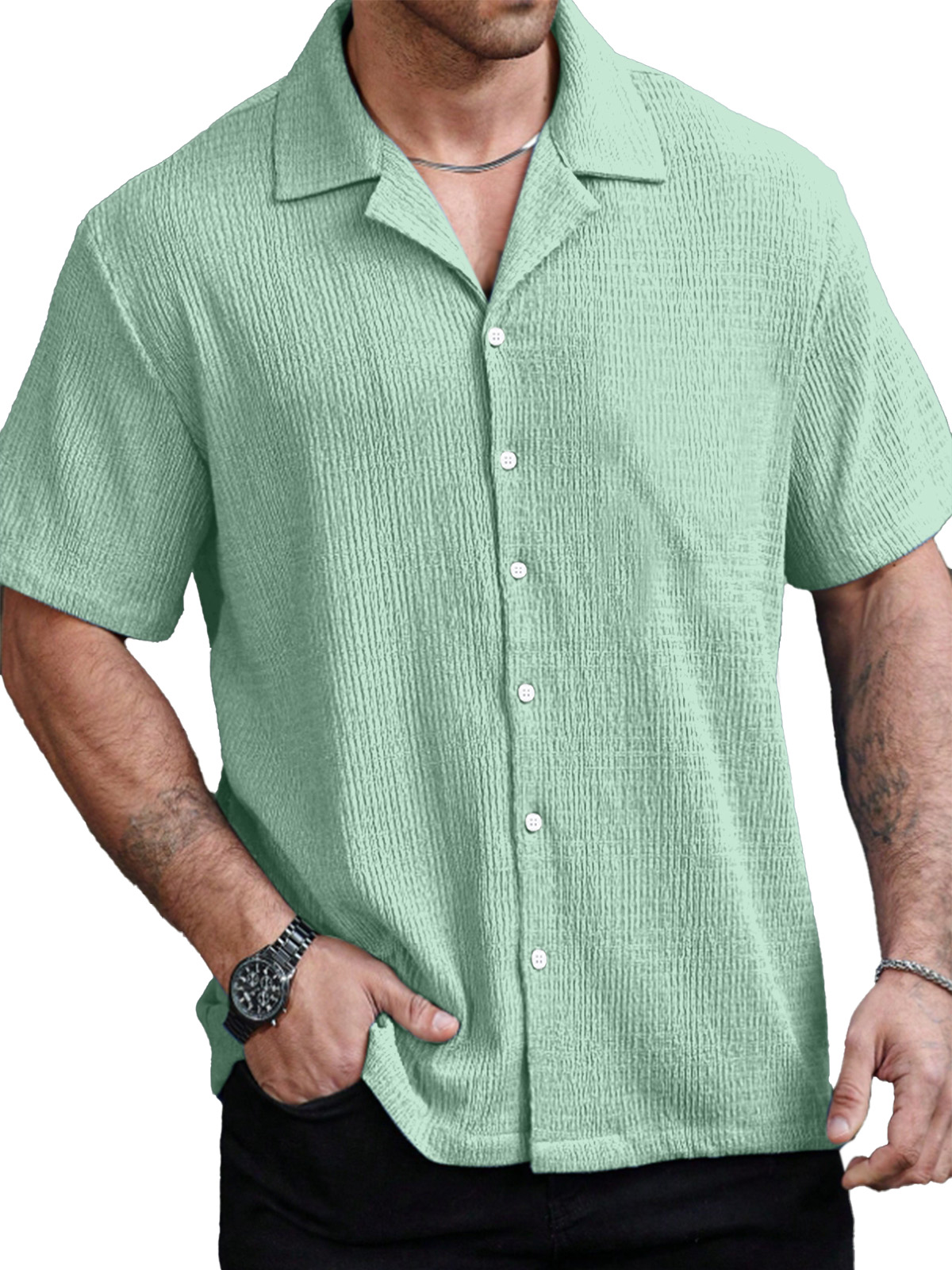 Men's Casual Solid Color Texture Cuban Collar Short Sleeve Shirt