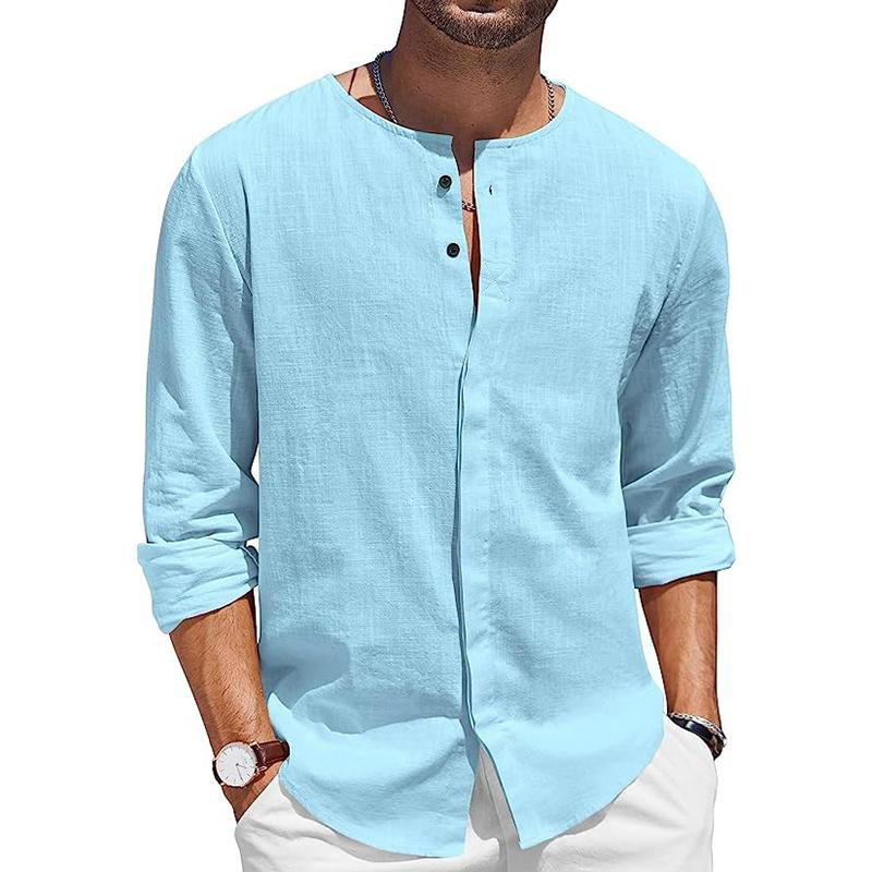 Men's Round Neck Premium Linen Breathable Comfortable Inner Button Long Sleeve Shirt-Comfort & Reliable
