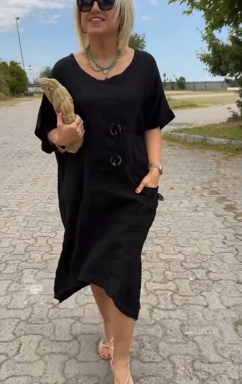 CLEARANCE🔥Linen dress with buttons and a round neckline