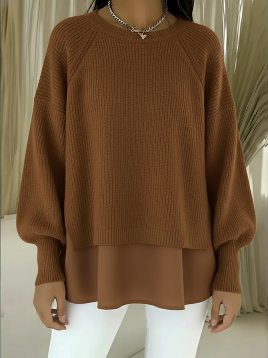 CLEARANCE SALE🔥 Women's Comfortable Patchwork Faux Two-piece Lantern Sleeve Sweater