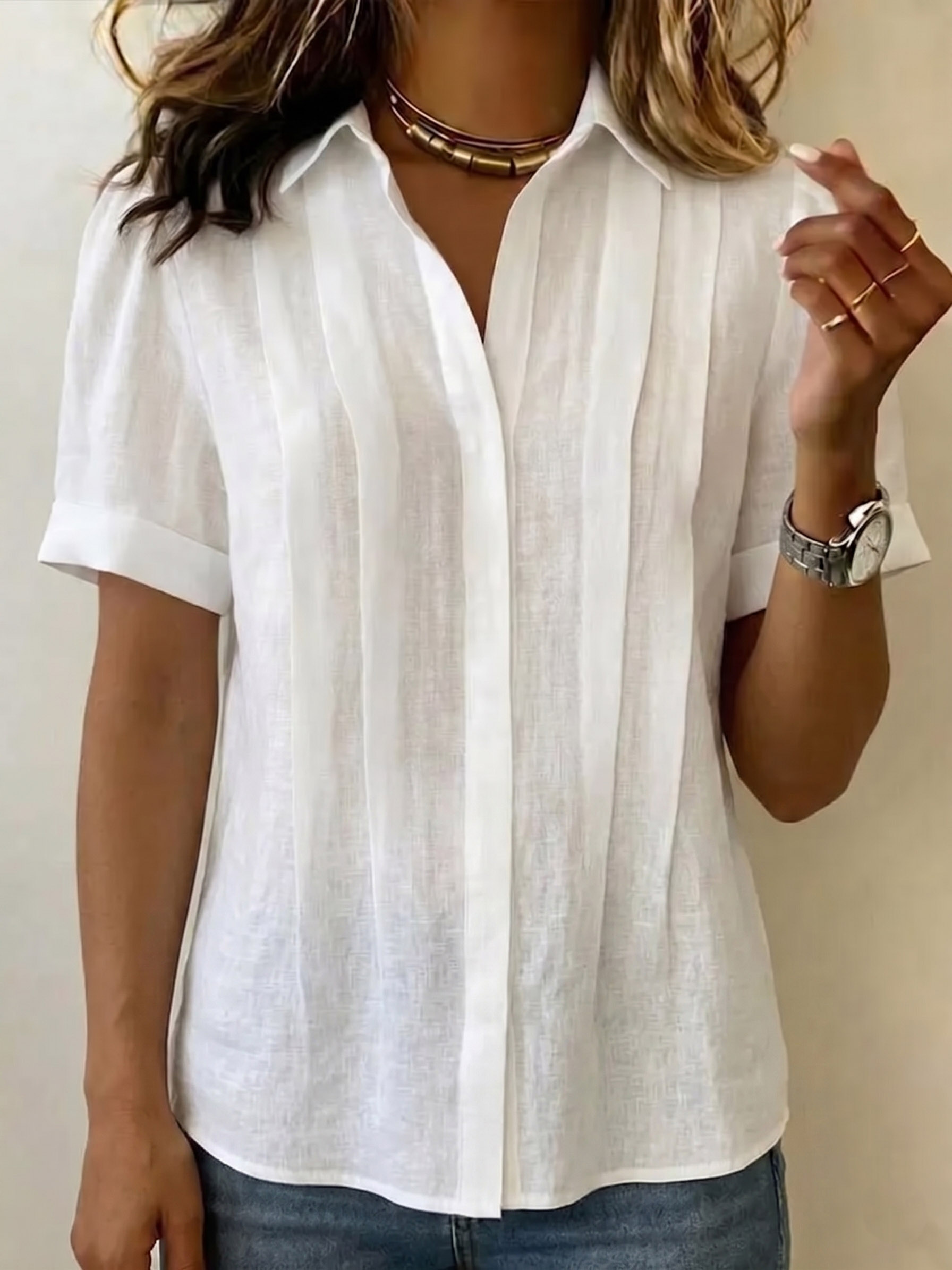 Clearance Sale🔥 Women's Lapel Short-sleeved Casual Loose Pleated Cotton And Linen Shirt