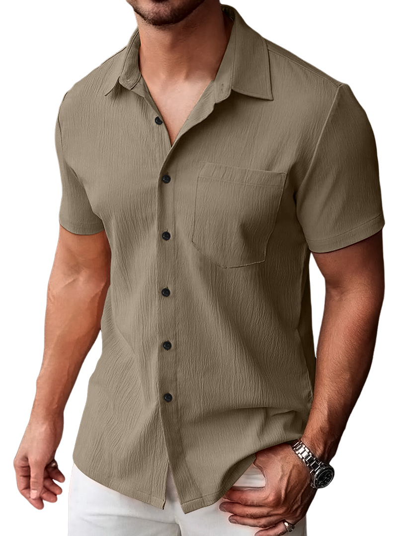 Men's Casual Pleated Solid Pocket Short Sleeve Shirt